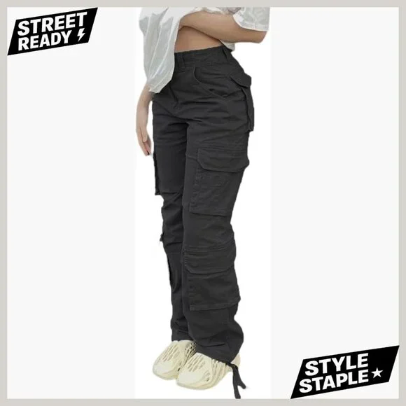 High Waisted Cargo Pants Women Baggy Y2K Straight Wide Leg Streetwear Pockets - Picture 1 of 6